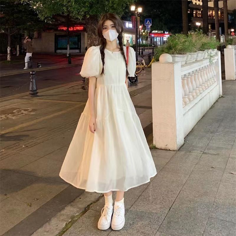 2024 Summer New Korean Style Gentle Pleated Waist-Cinching Mid-Length Short-Sleeve First Love Dress White Moonlight Dress