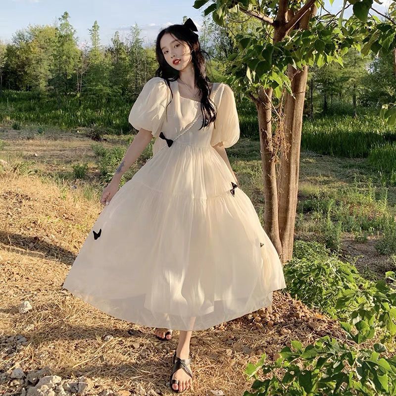 Disney-Style French Puff-Sleeve White Tulle Gown with a Train, Summer Fairy Dress, Princess Puffy Dress Disney-Style French Puff-Sleeve White Tulle Gown with a Train, Summer Fairy Dress, Princess Puffy Dress