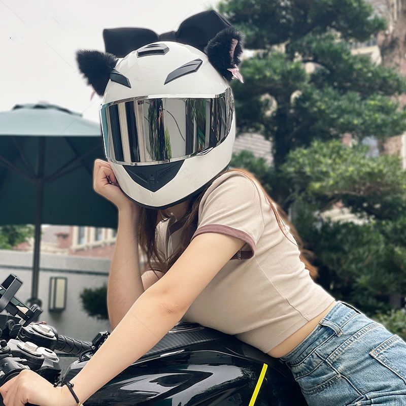 3C Certified Cat Ear Women's Electric Motorcycle Helmet with Bow, Super Cute for Girls, All-Season Rider Full-Face Helmet