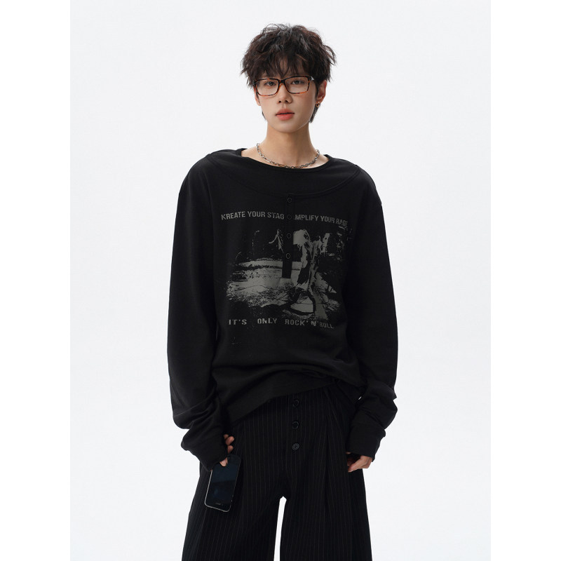 【Celebrity Style】Wang Lujie's Same Style Fake Two-Piece Long-Sleeve T-Shirt with Henley Collar, Regular Shoulder Long-Sleeve T-Shirt Top for Men and Women