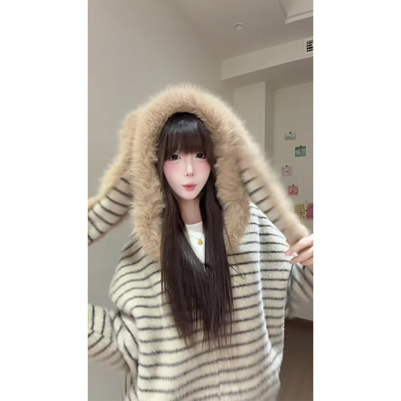 Korean-Style Sweet Striped Rabbit Ear Fluffy Hooded Knit Sweater for Women 2026 Autumn and Winter Loose Lazy Style Sweater Coat