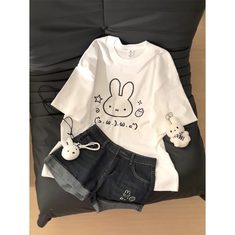 Cute and Adorable Miffy Rabbit Print Pure Cotton Short-Sleeve T-Shirt for Women, Summer Loose and Lazy Style Chic Couple Top