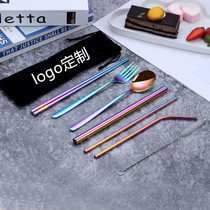 304 stainless steel portable environmental protection tableware Straw set Spoon fork chopsticks seven-piece set custom logo lettering