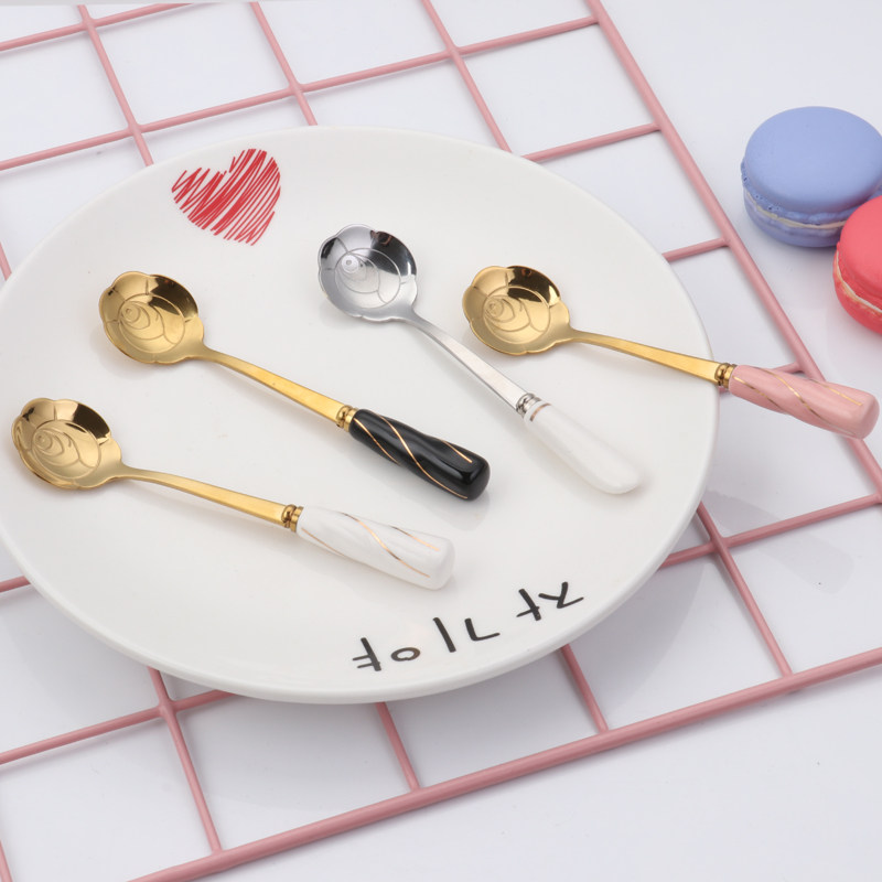 Net Red Creative Cherry Blossom Spoon Petal Coffee Stirring Spoon Ceramic Handle Coffee Spoon Eurostyle Extravagant Golden Coffee Spoon