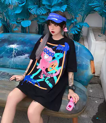 97BONES cartoon hand painted graffiti bear short sleeve men and women loose couple Summer Street hip hop T-shirt UNIQUE