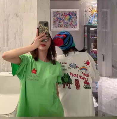 TOF soft banana cartoon forest short sleeve small red book Super fire female cute print casual loose men and women couple T-shirt