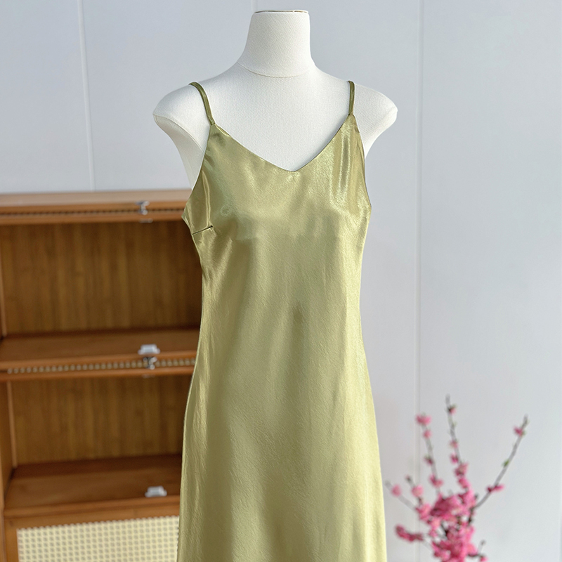 High-End Green Acetate Satin Slip Dress for Women, Summer Thin Style, New Chinese Style Imitation Silk Long Dress