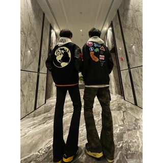 美式秋冬新款徽章贴标黑八棒球服高街刺绣男女同款嘻哈宽松外套潮