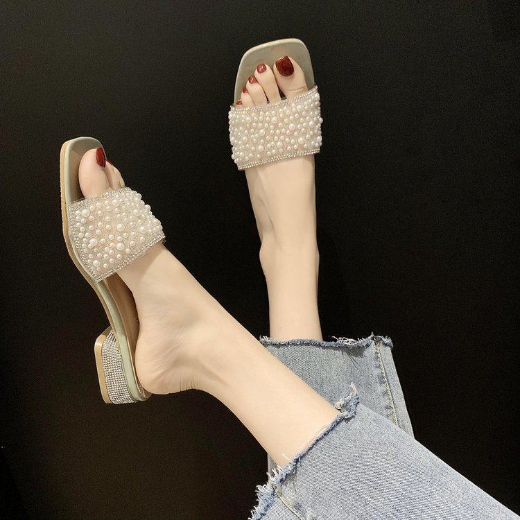 ins tide 2022 summer new outwear a pair of slippers women fashion 100 hitch water drill temperament fairy pearl sandals