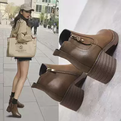 European Station Spring and Autumn Winter vintage leather boots female coarse heel heels British style chic middle heel Martin boots female