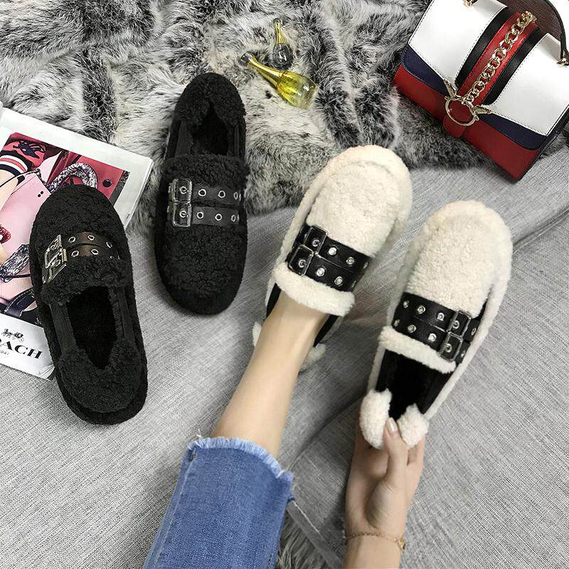 Tide Cards Autumn Winter New One foot pedal sloppy wool shoes women cotton shoes thick bottom pine pastry shoes large size with suede bean shoes