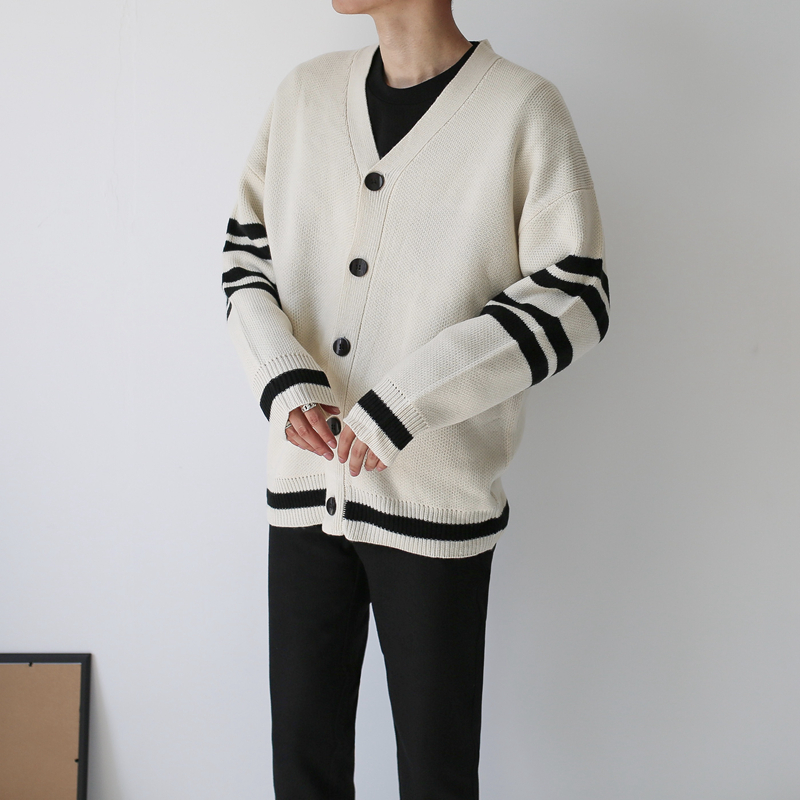 Vài áo khoác mùa thu và mùa đông mới hoang dã Hàn Quốc cotton dài tay đan sọc v-cổ áo len cardigan dòng thủy triều