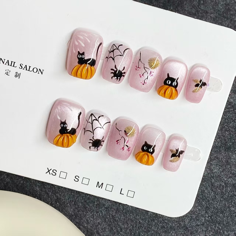 Handmade Wearable Nails, Hand-Painted Naughty Cat Short Cat-Eye Nail Art, Halloween-Themed Nail Art, Finished Nail Patches