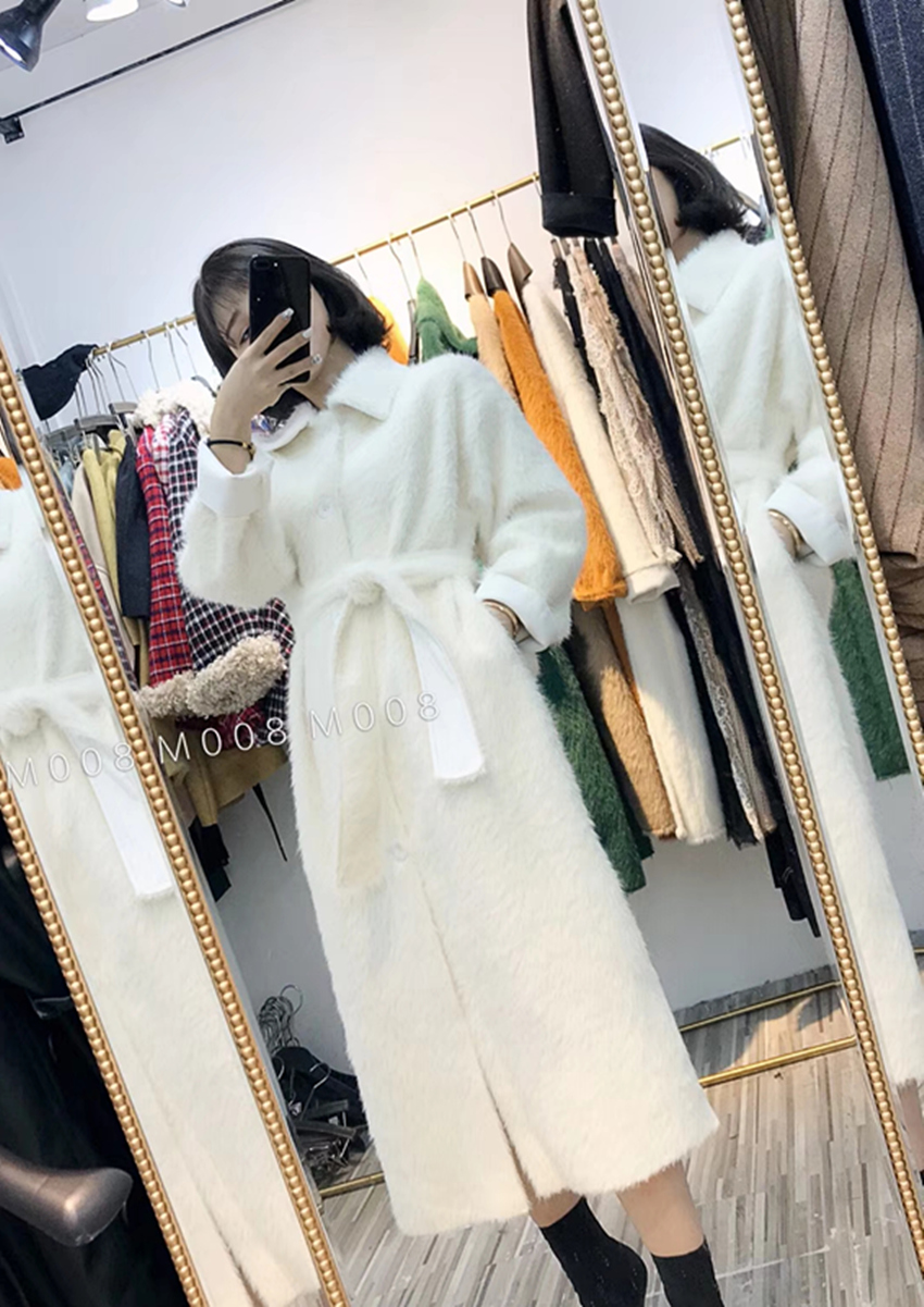 Áo khoác ren 2018 thu đông mới Hàn Quốc khí chất nữ dài phần eo thắt lưng lông thú áo lông cao cấp