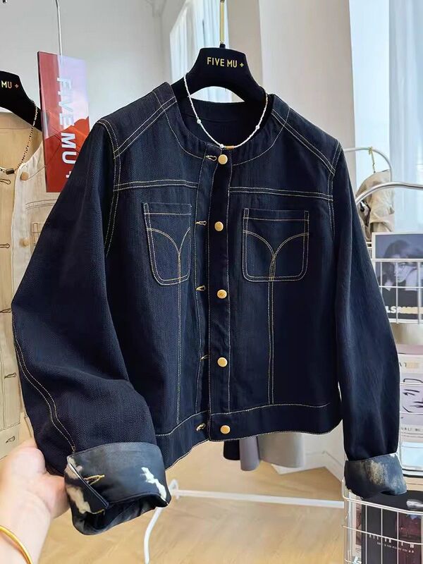 Super Stylish and Unique Topstitched Casual Loose Round-Neck Faux Denim Jacket for Women, Spring and Autumn Short Thin Jacket 2025 Top