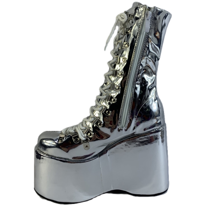 Ultra-High-Heeled Platform Short Boots with Laser Platform Soles, Sexy Performance Low Martin Boots, Nightclub Erotic High-Heeled Riding Boots