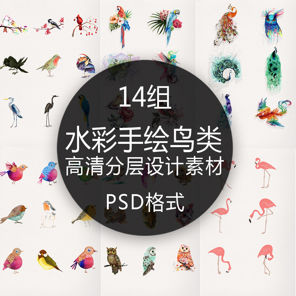 Watercolor hand painted bird Flamingbird Flamingbird parrot peacock owl Phoenix buckle-free design material
