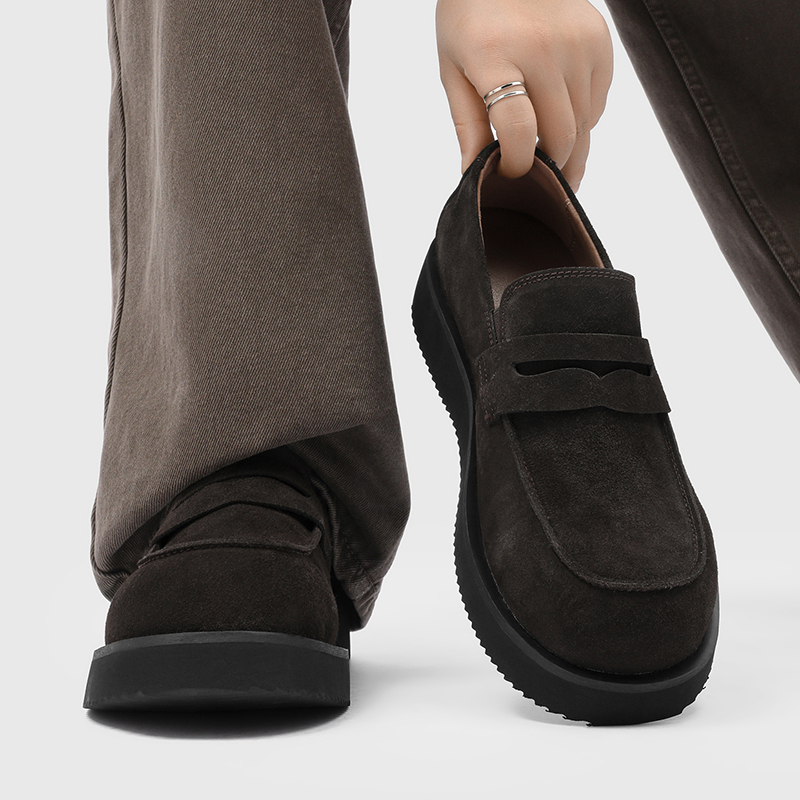 2026 Spring New Old Money Style Loafers Men's Thick-Soled Height-Increasing Casual Leather Shoes Slip-On Retro Derby Shoes Trendy