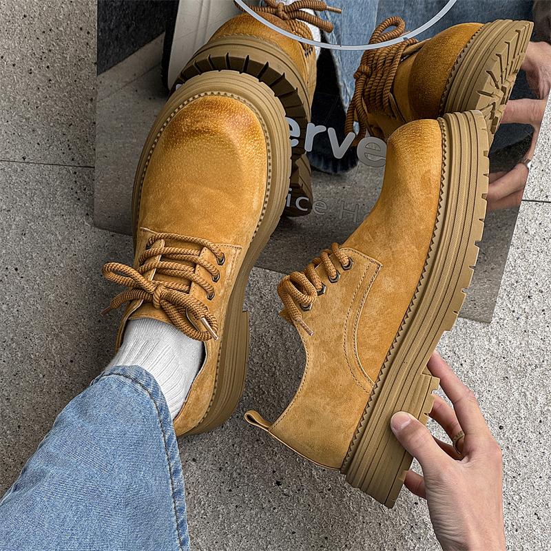 2026 New Spring Low-Top Work Shoes for Men, British Style Leather Shoes, Retro Large-Toe Derby Shoes, Thick-Soled Height-Increasing Yellow Boots