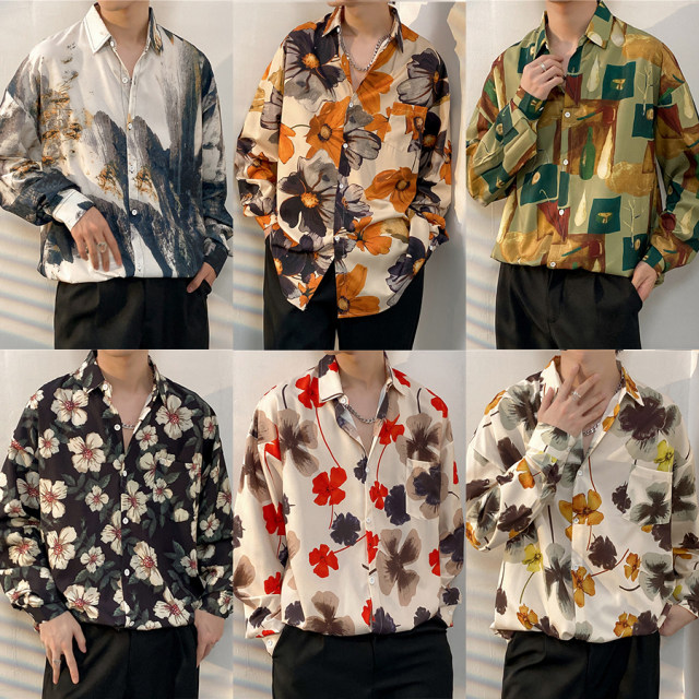 Hong Kong style vintage flower shirt men and women retro Hawaii ruffian handsome loose couple long-sleeved shirt trendy brand jacket