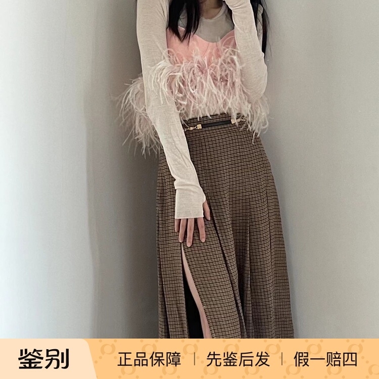 [Discount] Gucci Brown Pleated Wool Plaid Split Long Skirt with Metal Buckle