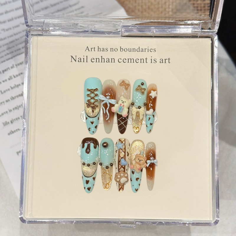 Kitty Mint Bear Sea Salt Mint Ballet Bear Bowknot Cute Nail Art Purely Handmade Wearable Nails