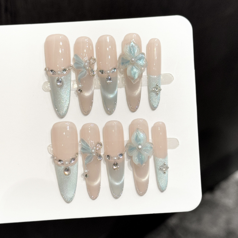 Kitty Ice Blue Butterfly Island Ice Transparent Blue French Style Three-Dimensional Blue Flower Butterfly Manicure Light Luxury Manicure Purely Handmade Wearable Nails