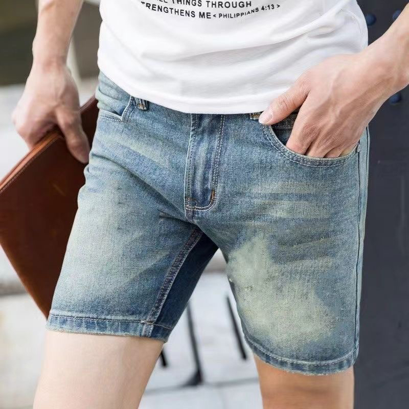 Summer Denim Three-Quarter Pants for Men, Elastic Straight-Leg Korean Style Thin Casual Pants, Trendy 3/4 Denim Shorts