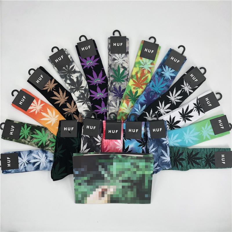 Authentic Huf Maple Leaf Socks Classic Tie-Dye Thin Sports Socks Skateboard Basketball Unisex High Tube Towel Bottom Long Socks
