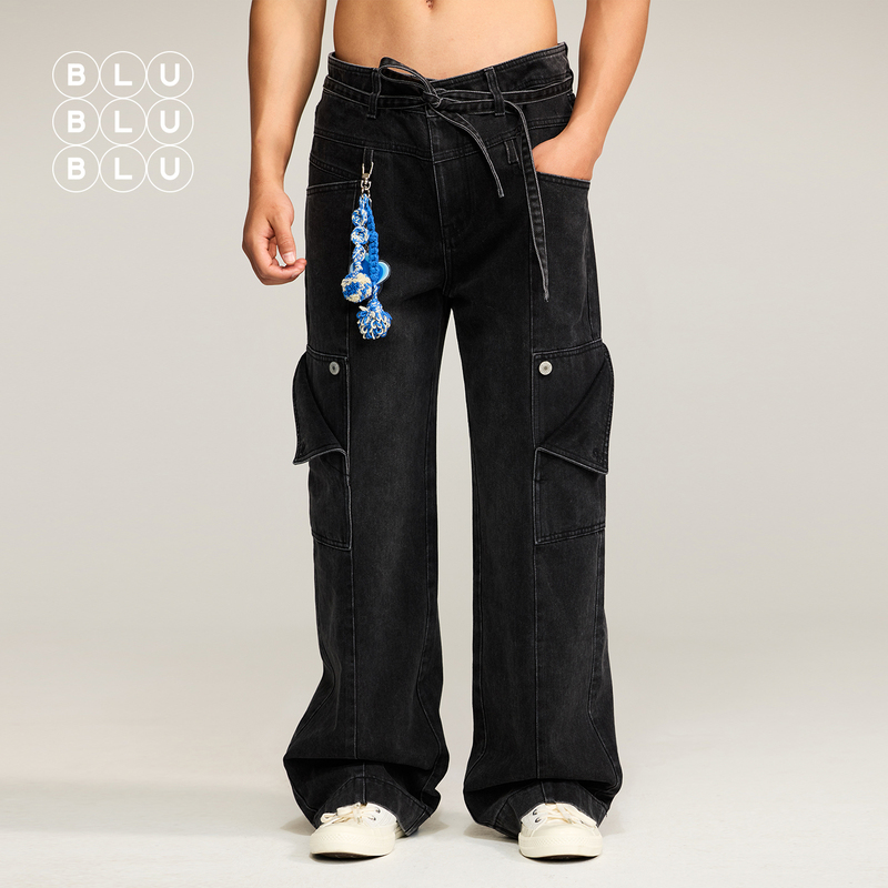 Blublublu Vintage Distressed Washed Denim Jeans with Flap Pockets, Workwear Straight-Leg Pants, Niche Design Men's Clothing
