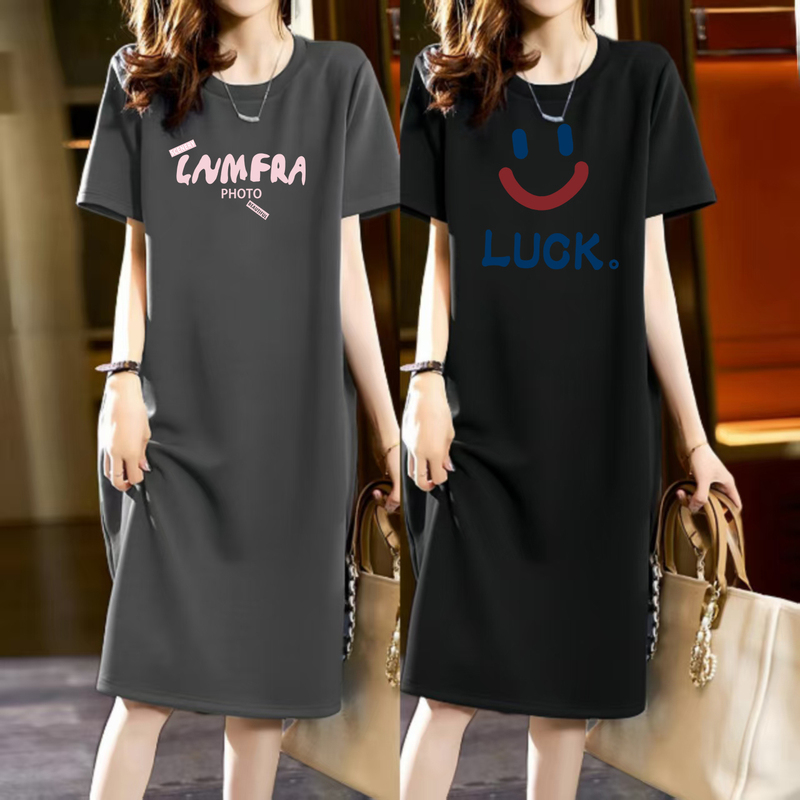 Pure Cotton Nightgown for Women, New Summer Style, Short-Sleeved, Long Letter-Printed Loungewear Dress, Can Be Worn Outside, Plus Size Dress