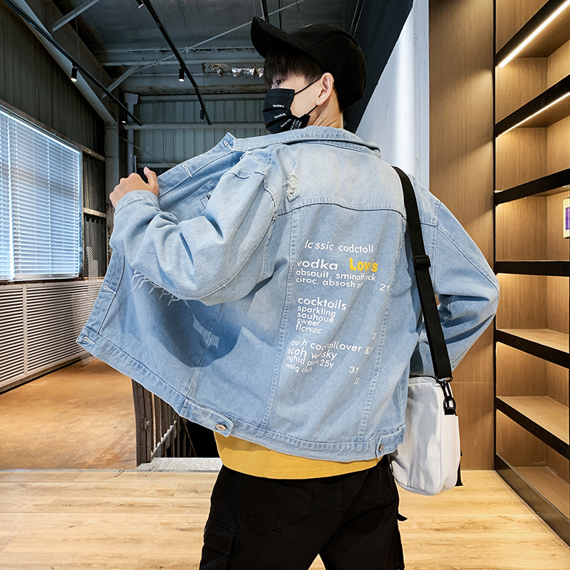 nam denim của trẻ thương hiệu thủy triều bf hole-in-the-lỗ cơ thể áo khoác đàn ông đẹp trai Hàn Quốc phiên bản mới 2019