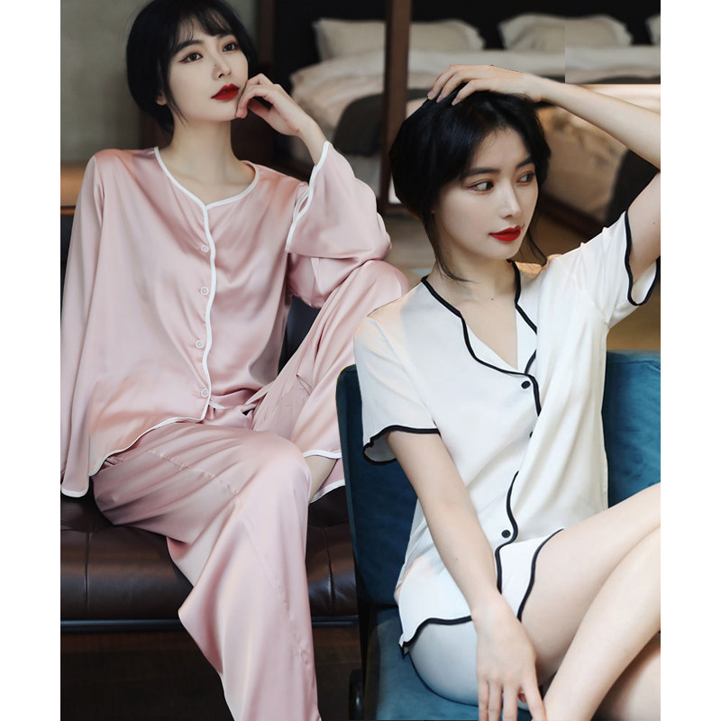 〖A D〗New pajamas women's summer and autumn simple casual suit long-sleeved short-sleeved wide-leg pants shorts ice silk thin section