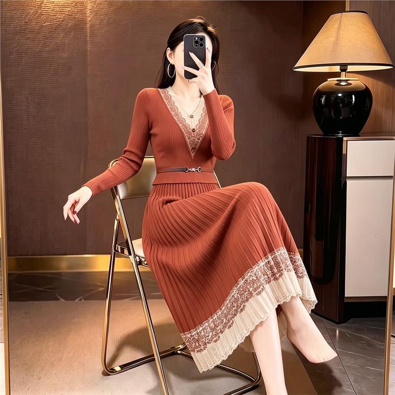 Guangzhou Shisanxing Autumn New Fashion Pleated V-Neck Slim Fit Dress Mid-Length Pleated Skirt