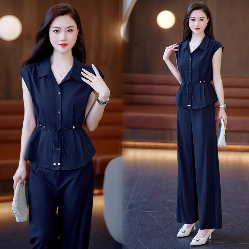 Cotton and Linen Casual Sports Suit for Women, Summer 2026 New Fashion Mom Style Shirt, Sleeveless Wide-Leg Pants Two-Piece Set