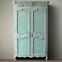 American country washed blue old double door wardrobe French bedroom solid wood wardrobe European carved storage coat cabinet