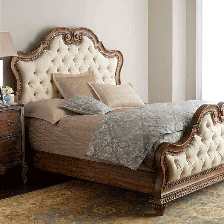 American All - Solid Wood Princess Bed Sculpture Flower Bed Euro Cloth 1 8 Married Double Bed White Linen 1 5 Soft Bottle Bed