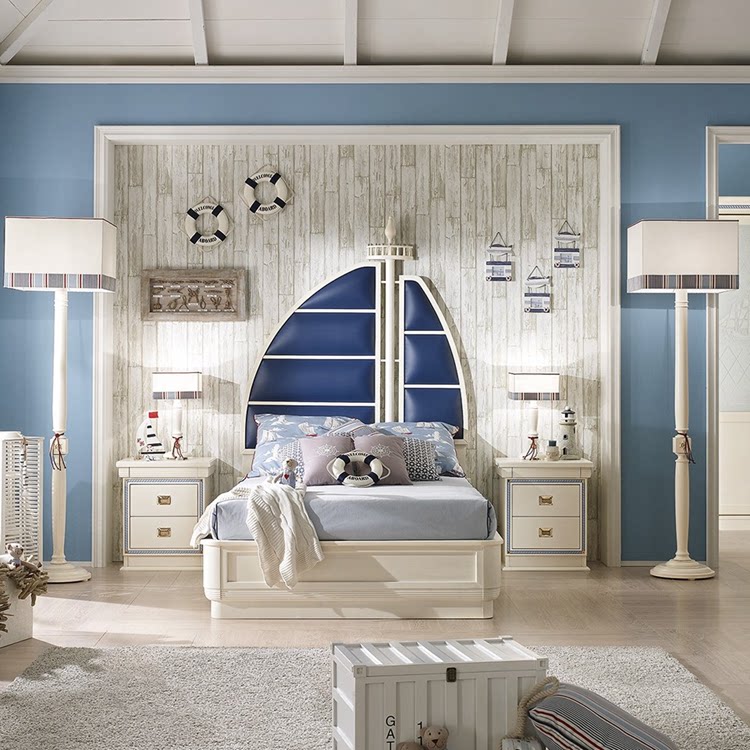 Mediterranean solid wood white 15m sailboat children's bed European style simple fashion creative cartoon boy single bed