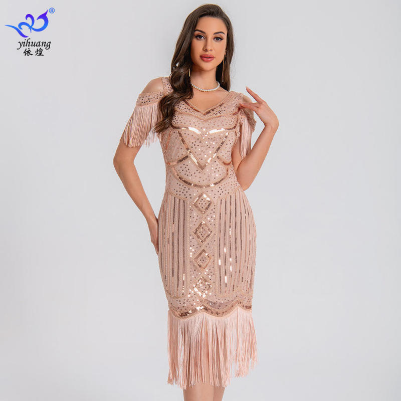 European and American Retro Sequin Dress, Tassel Dress, Beaded Dress, Ballroom Latin Dance Dress, Party Stage Performance Outfit European and American Retro Sequin Dress, Tassel Dress, Beaded Dress, Ballroom Latin Dance Dress, Party Stage Performance Outfit