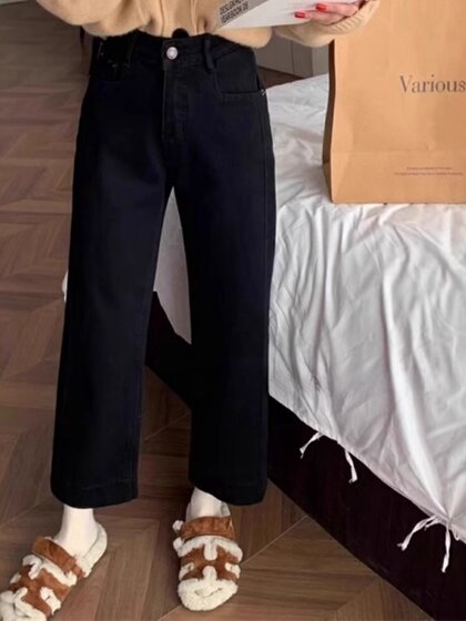 春季新款黑色九分直筒裤女大码胖mm梨型身材显瘦弹力阔腿牛仔裤子