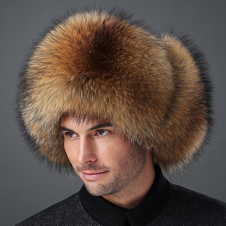 Winter Fox Fur Lei Feng Hat for Men, Mink Fur, Genuine Leather Ear Protection, Raccoon Fur Hat for Middle-Aged and Elderly, Northeast Outdoor
