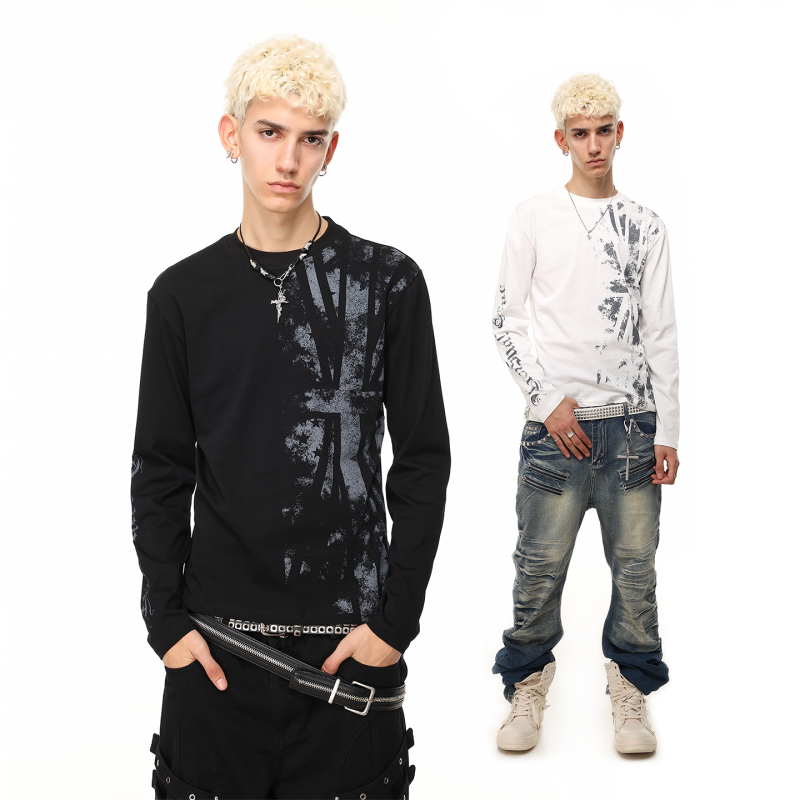 Trend St Street Punk Dark Mottled Flag Print Long-Sleeved T-Shirt for Men and Women Autum Boxy Short Top