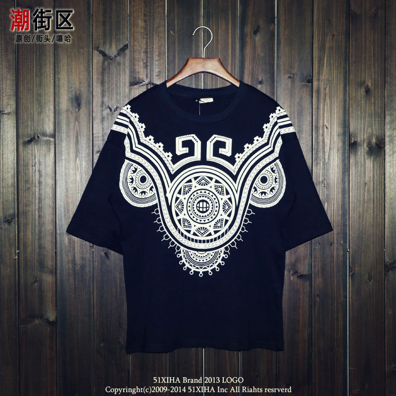 日系复古欧美中袖体恤衫 街头潮牌七分袖t恤蝙蝠衫男款宽松半袖