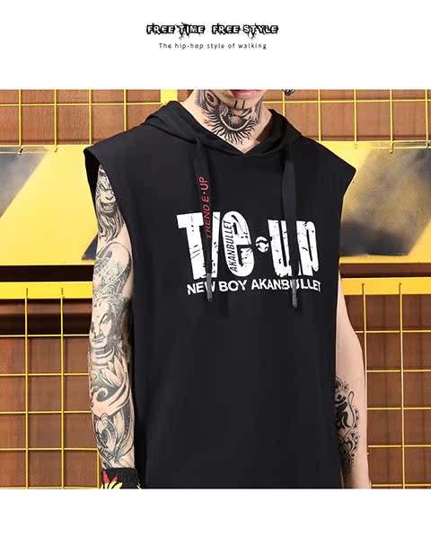 Guochao tối cao đường phố gothic xu hướng mũ trùm đầu mồ hôi vest hip hop hip hop thủy triều nam không tay áo thun áo thun ba lỗ