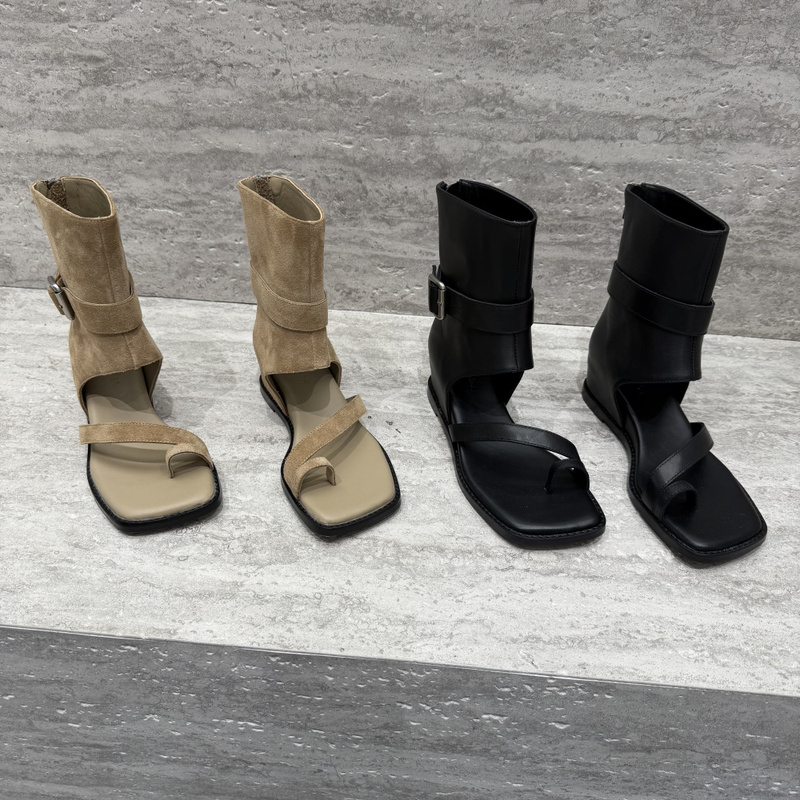 European Style Mid-Calf Sandals for Women 2026 Summer New Genuine Leather Short Boots Slip-On Wedge Fashion Sandals