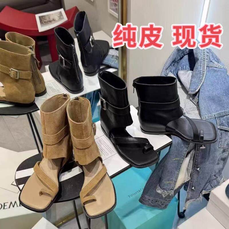 2026 Summer New Versatile Roman Breathable Sandals Genuine Leather Height-Increasing Mid-Calf Slip-On Wedge Sandals for Women