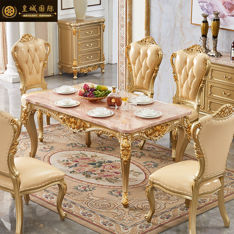 European-style marble dining chair dining chair combination restaurant champagne gold 1 3 meters 1 5 meters dining table solid wood carved French table