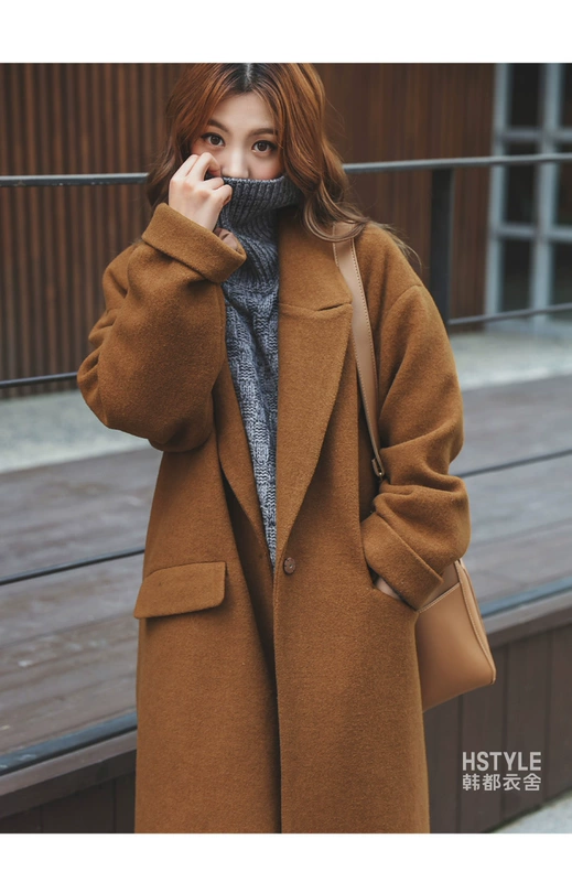Cửa hàng quần áo Handu 2018 mùa đông mới của phụ nữ thời trang ve áo lỏng lẻo màu caramel màu len giữa áo len dài - Trung bình và dài Coat