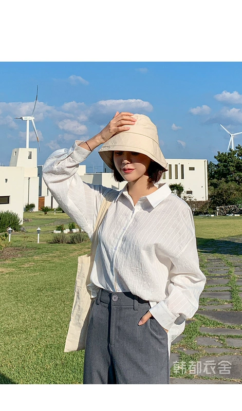 Cửa hàng quần áo Handu xuân 2020 phiên bản mới của Hàn Quốc của phụ nữ sọc lỏng áo sơ mi dài tay áo sơ mi trắng - Áo sơ mi