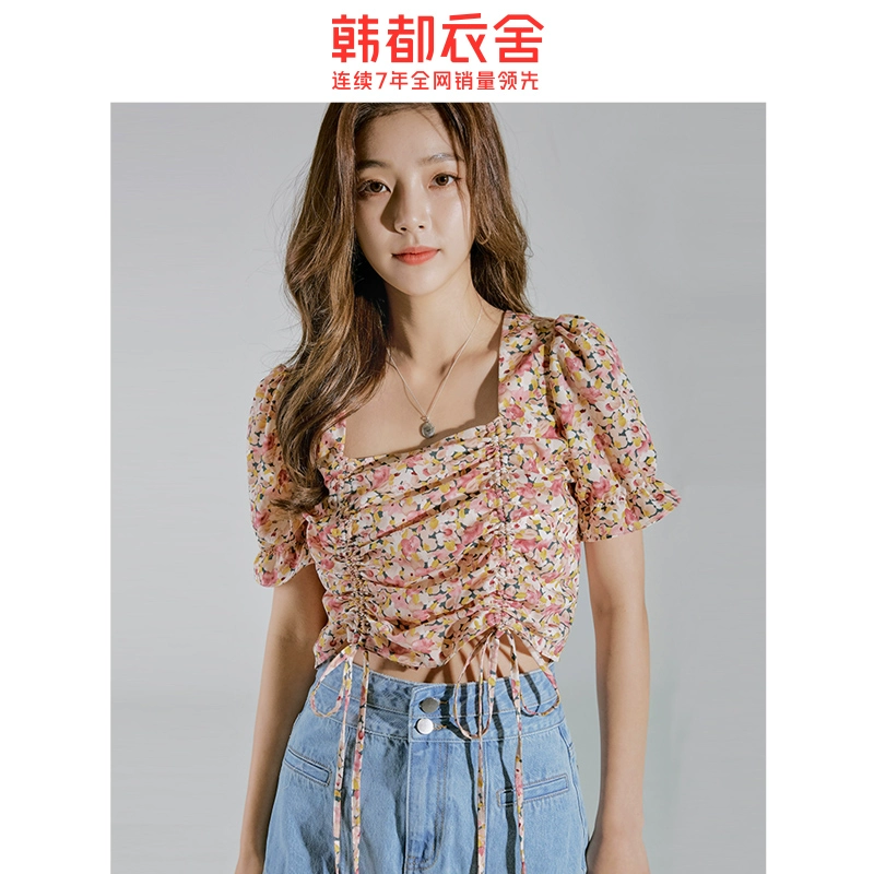Cửa hàng quần áo Handu hè 2020 nữ mới Hàn Quốc phiên bản áo sơ mi họa tiết hoa buông thả ngắn tay áo voan RE7375 - Áo sơ mi chiffon ren